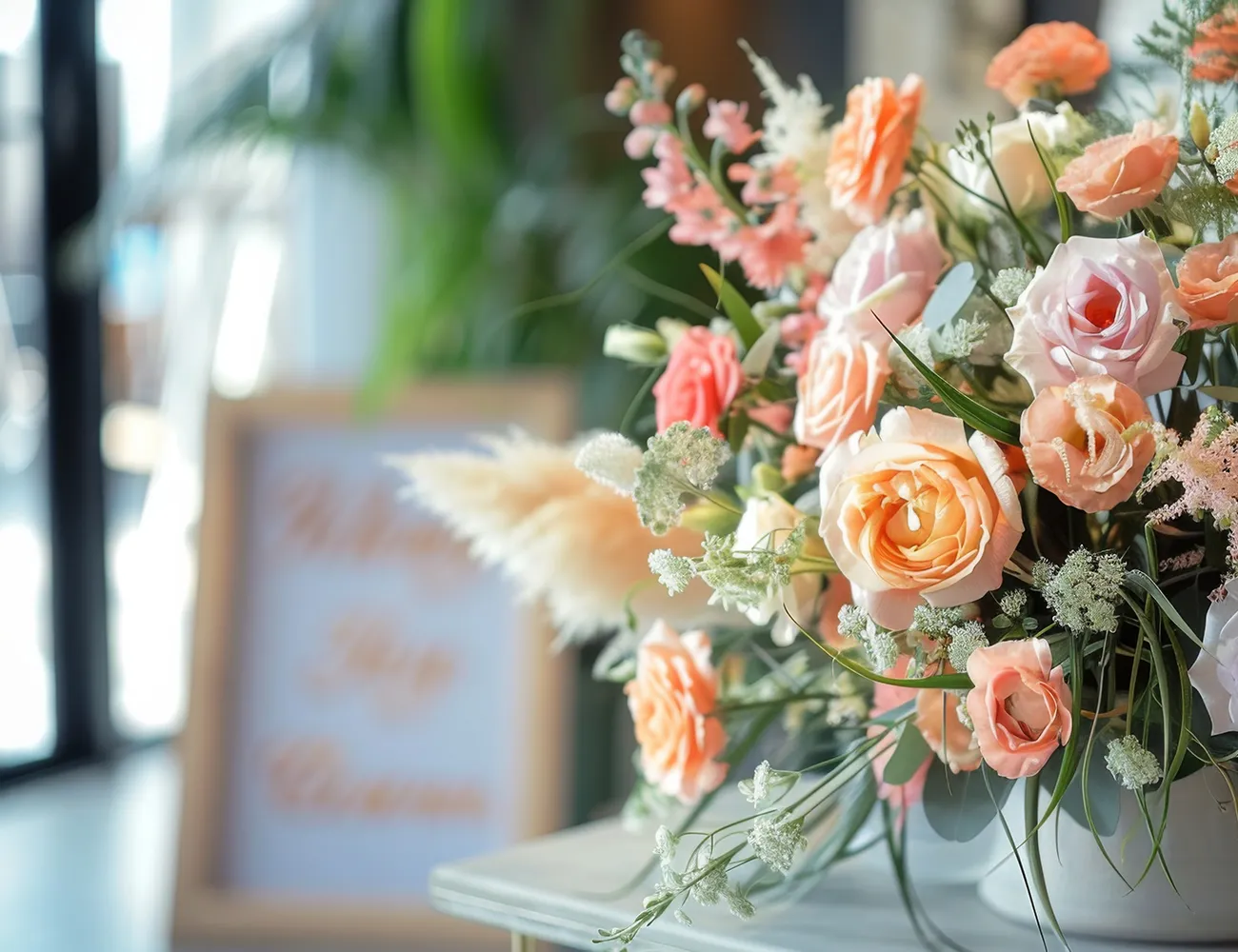 Ein schöner Blumenstrauß und im Hintergrund das Willkommenschild einer Hochzeit