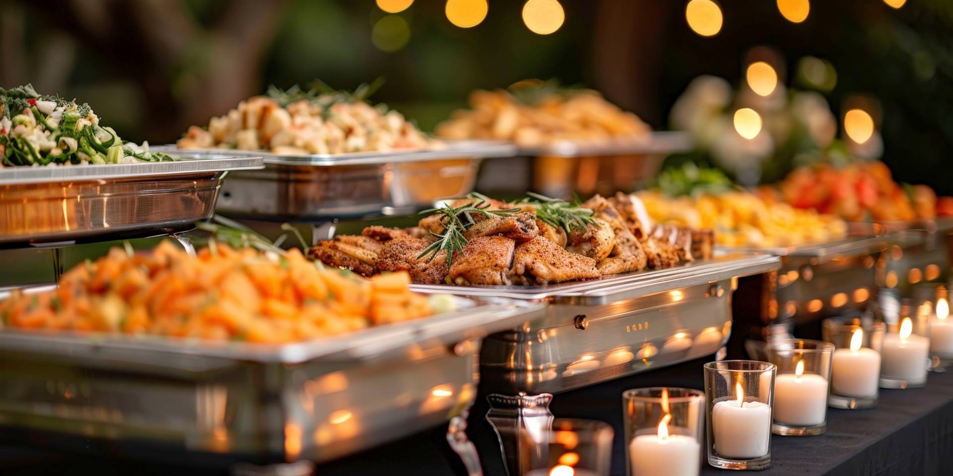 A line of chafing dishes filled with various foods, including chicken and vegetables, sat atop an elegant table at the wedding party. The focus was sharp to capture details like silverware and candles in the background. Soft lighting from disco lights created a warm atmosphere. --ar 2:1 --sref https://s.mj.run/sk6yonCPJ4U --stylize 758 --iw 1.5 Job ID: 30a2b325-4ced-47f9-9f7f-6d09b8b5f9fd